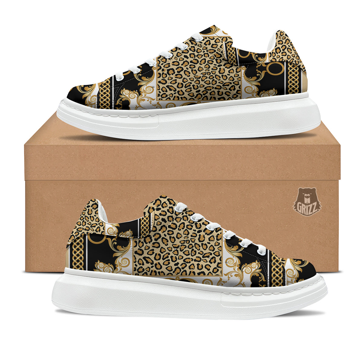 Golden Baroque And Leopard Print Platform Shoes-grizzshop