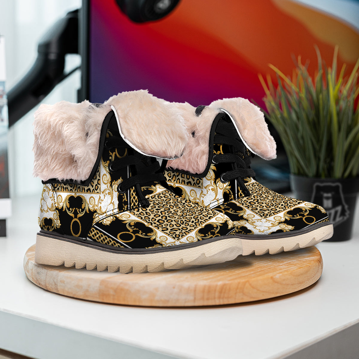 Golden Baroque And Leopard Print Snow Boots-grizzshop