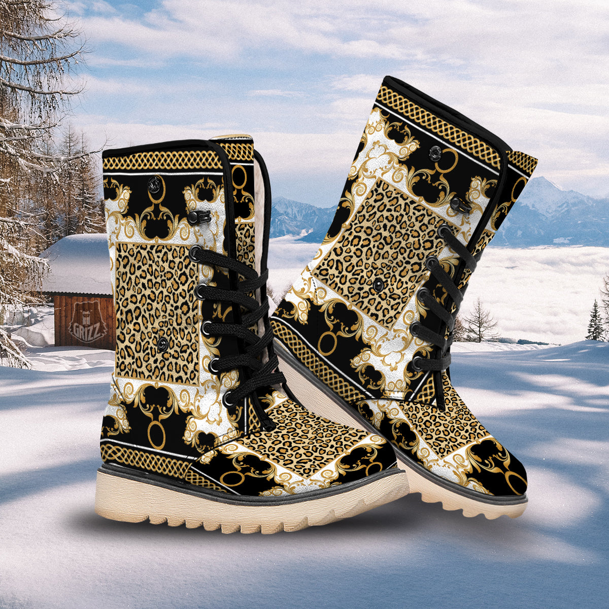 Golden Baroque And Leopard Print Snow Boots-grizzshop