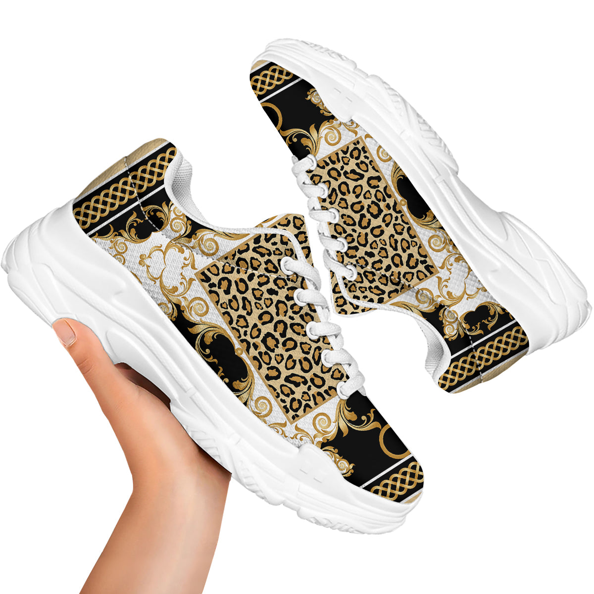 Golden Baroque And Leopard Print White Chunky Shoes-grizzshop
