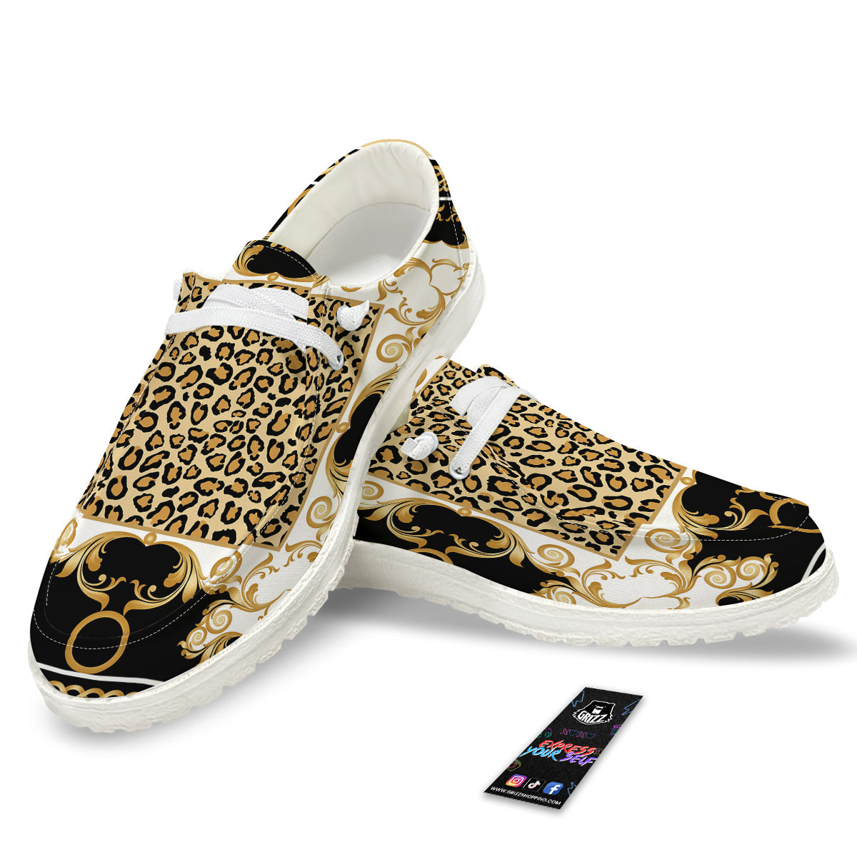 Golden Baroque And Leopard Print White Loafers-grizzshop
