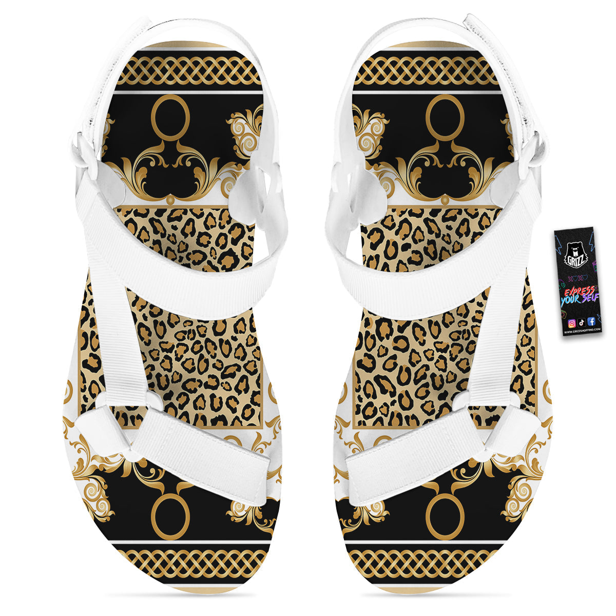 Golden Baroque And Leopard Print White Open Toe Sandals-grizzshop