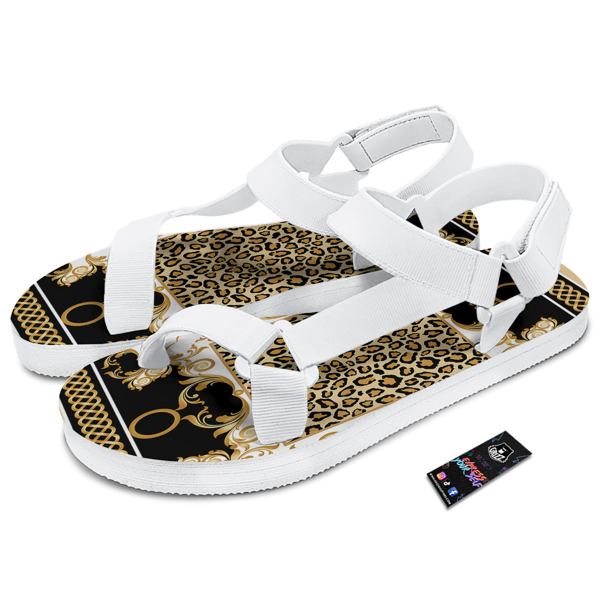 Golden Baroque And Leopard Print White Open Toe Sandals-grizzshop