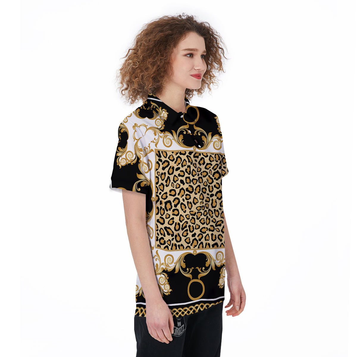 Golden Baroque And Leopard Print Women's Golf Shirts-grizzshop