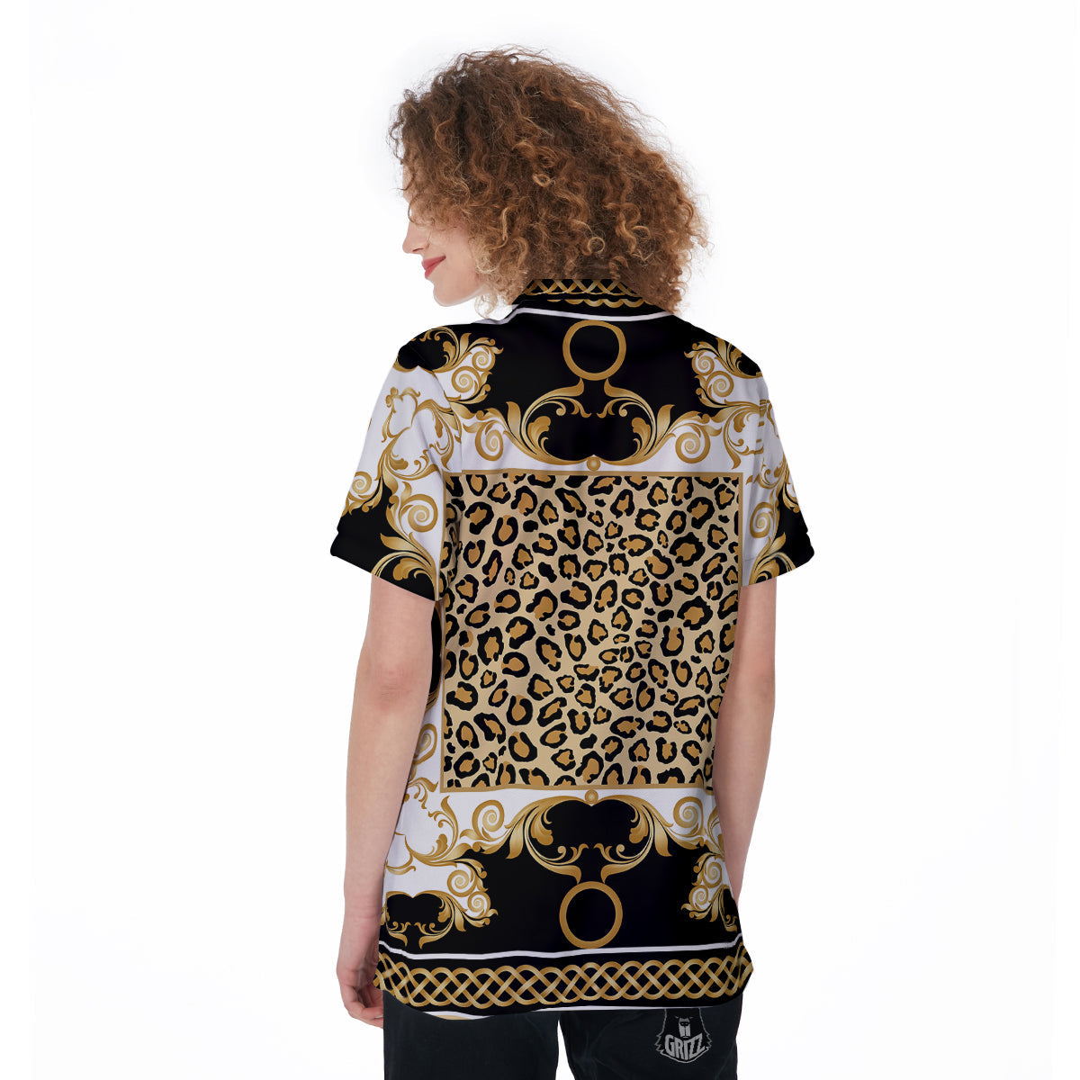 Golden Baroque And Leopard Print Women's Golf Shirts-grizzshop