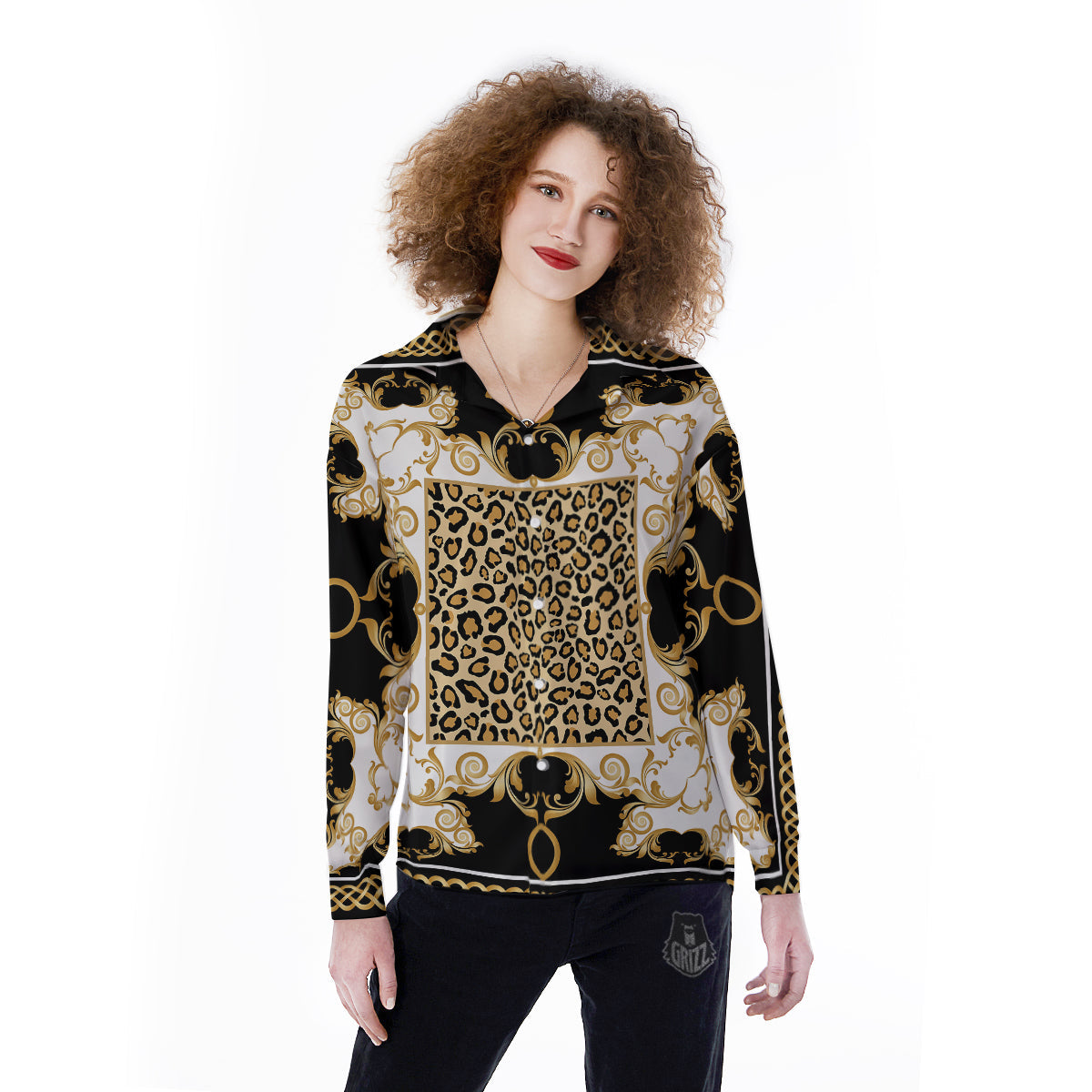 Golden Baroque And Leopard Print Women's Long Sleeve Shirts-grizzshop