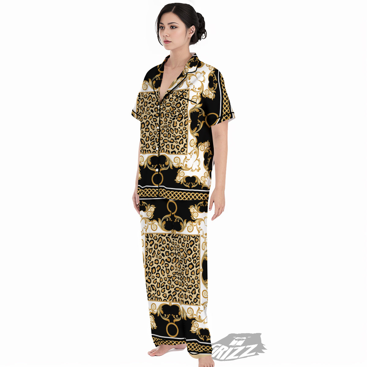 Golden Baroque And Leopard Print Women's Pajamas Set-grizzshop