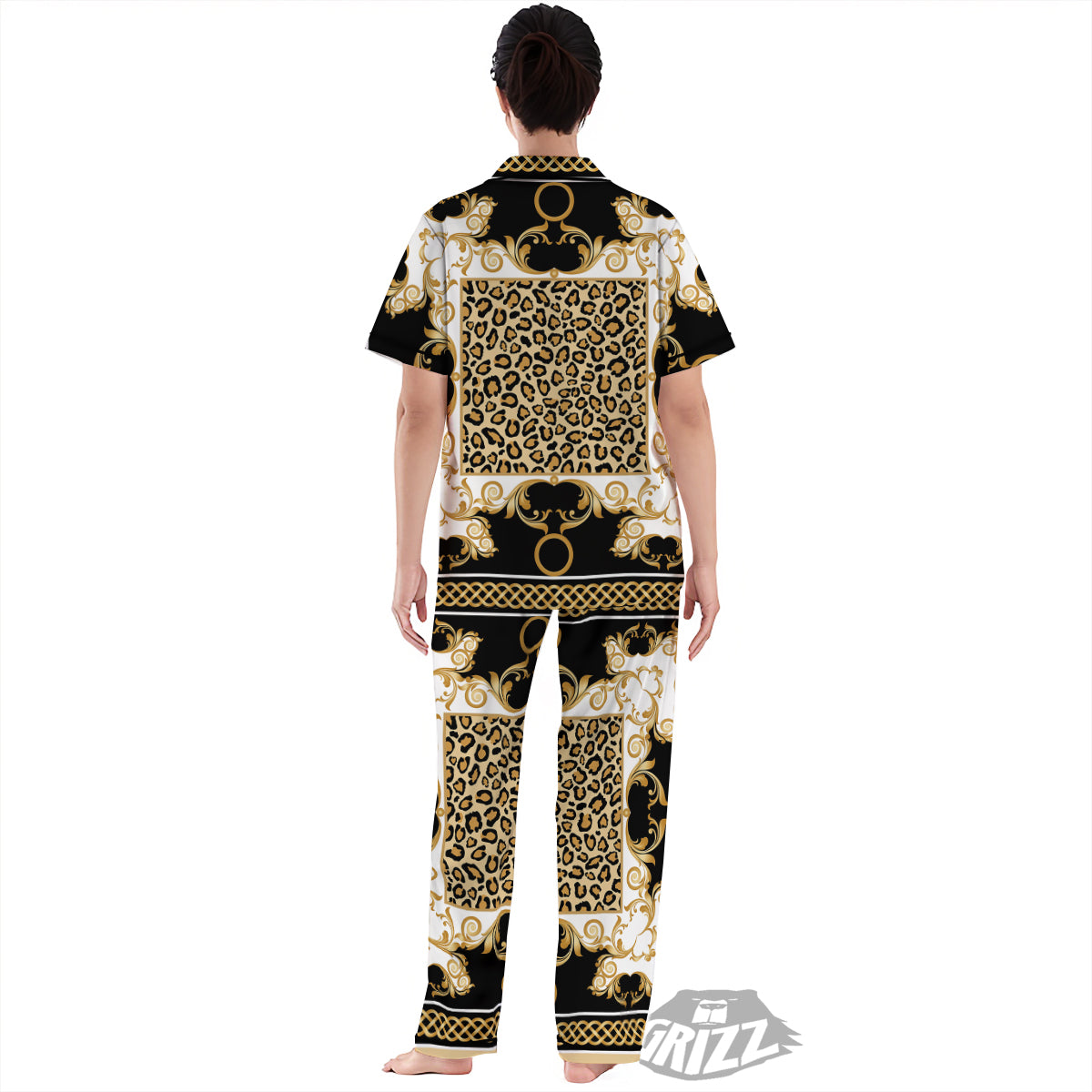 Golden Baroque And Leopard Print Women's Pajamas Set-grizzshop