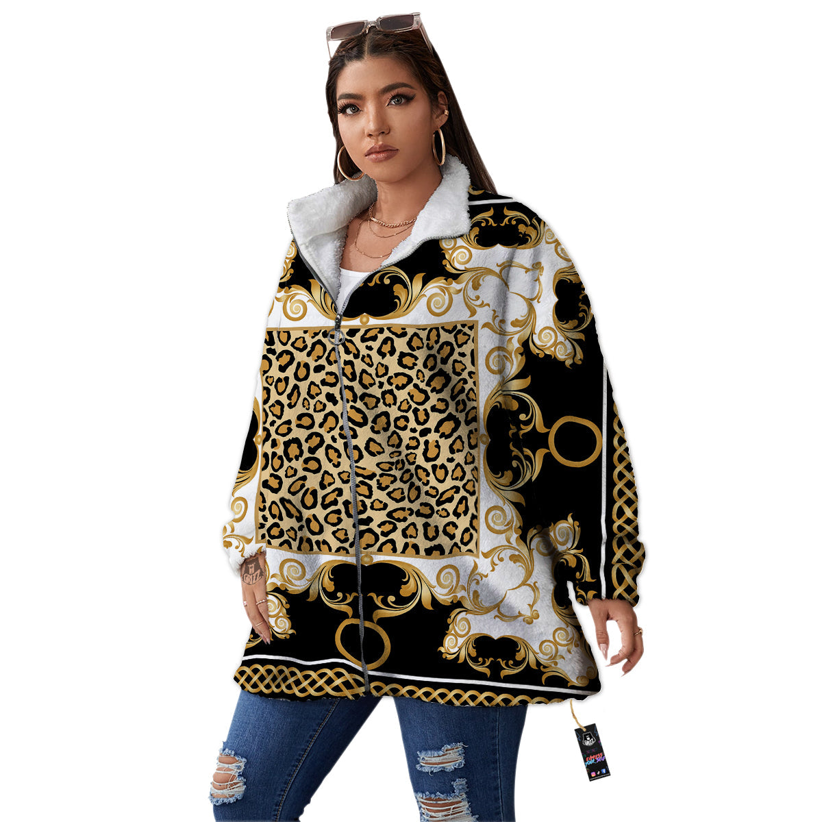 Golden Baroque And Leopard Print Women's Sherpa Jacket-grizzshop