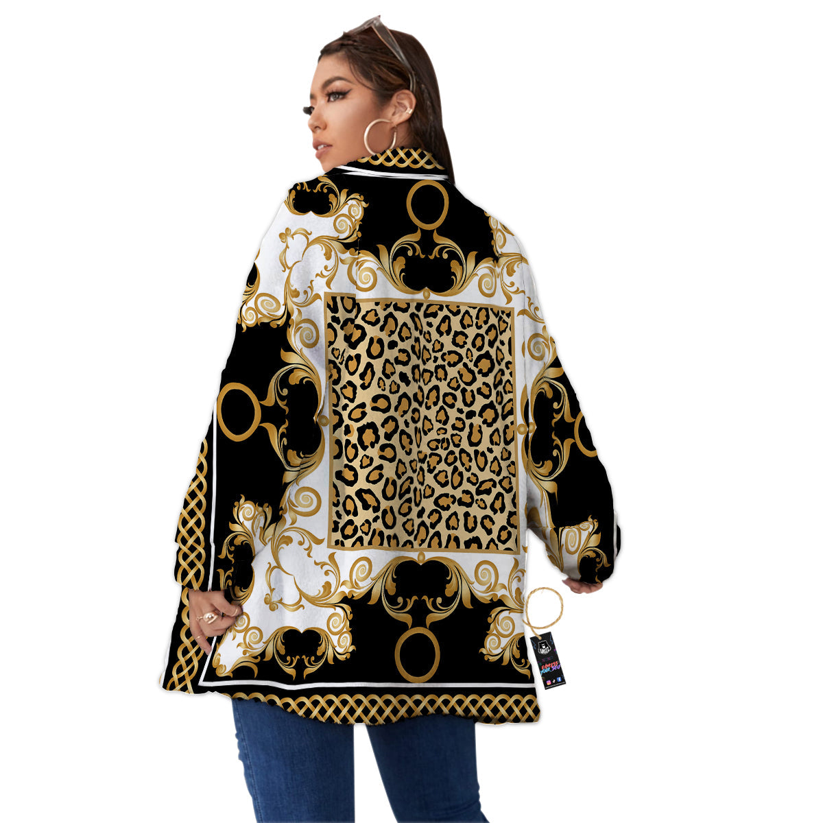 Golden Baroque And Leopard Print Women's Sherpa Jacket-grizzshop