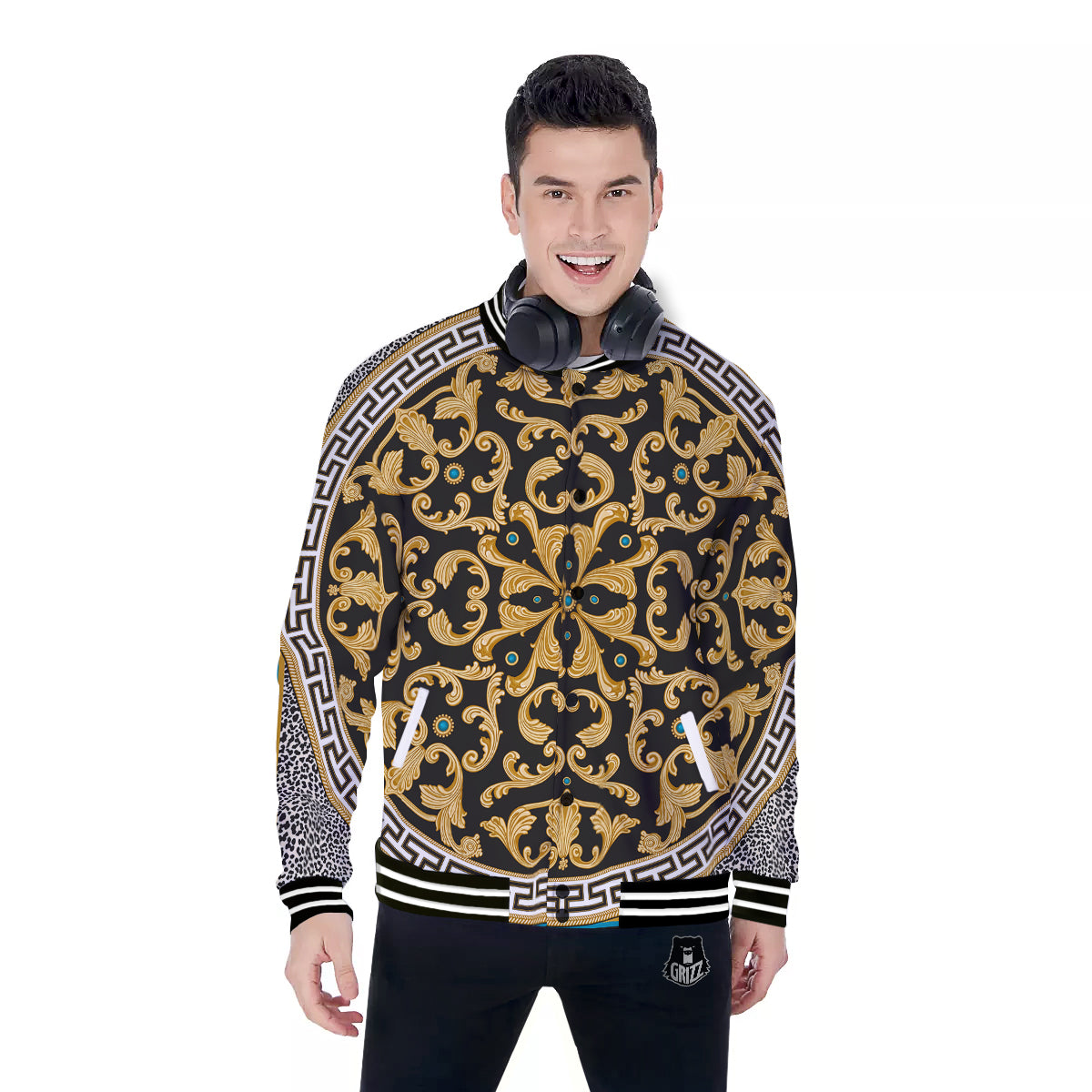 Golden Baroque Leopard Skin Print Baseball Jacket-grizzshop