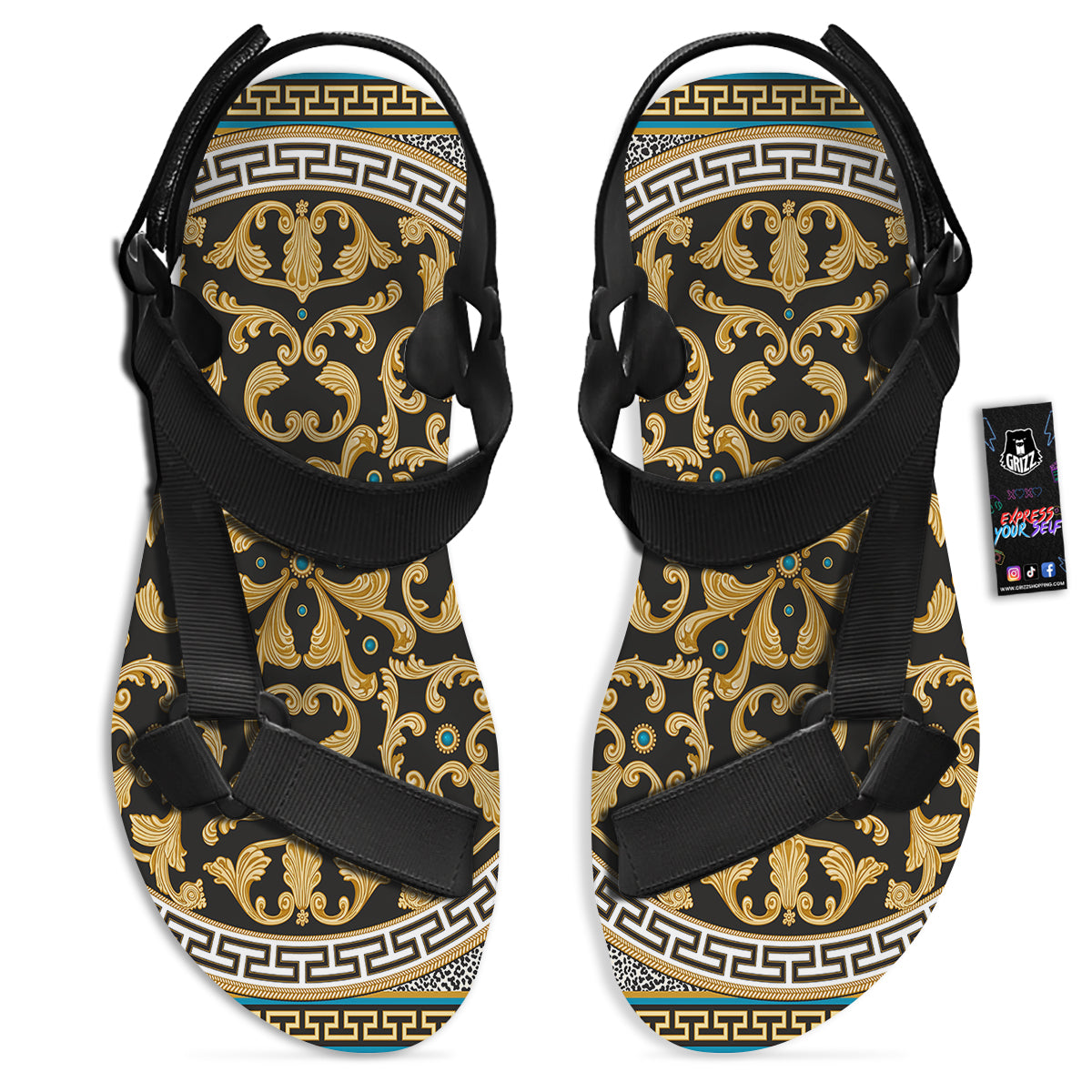 Golden Baroque Leopard Skin Print Black Open Toe Sandals-grizzshop