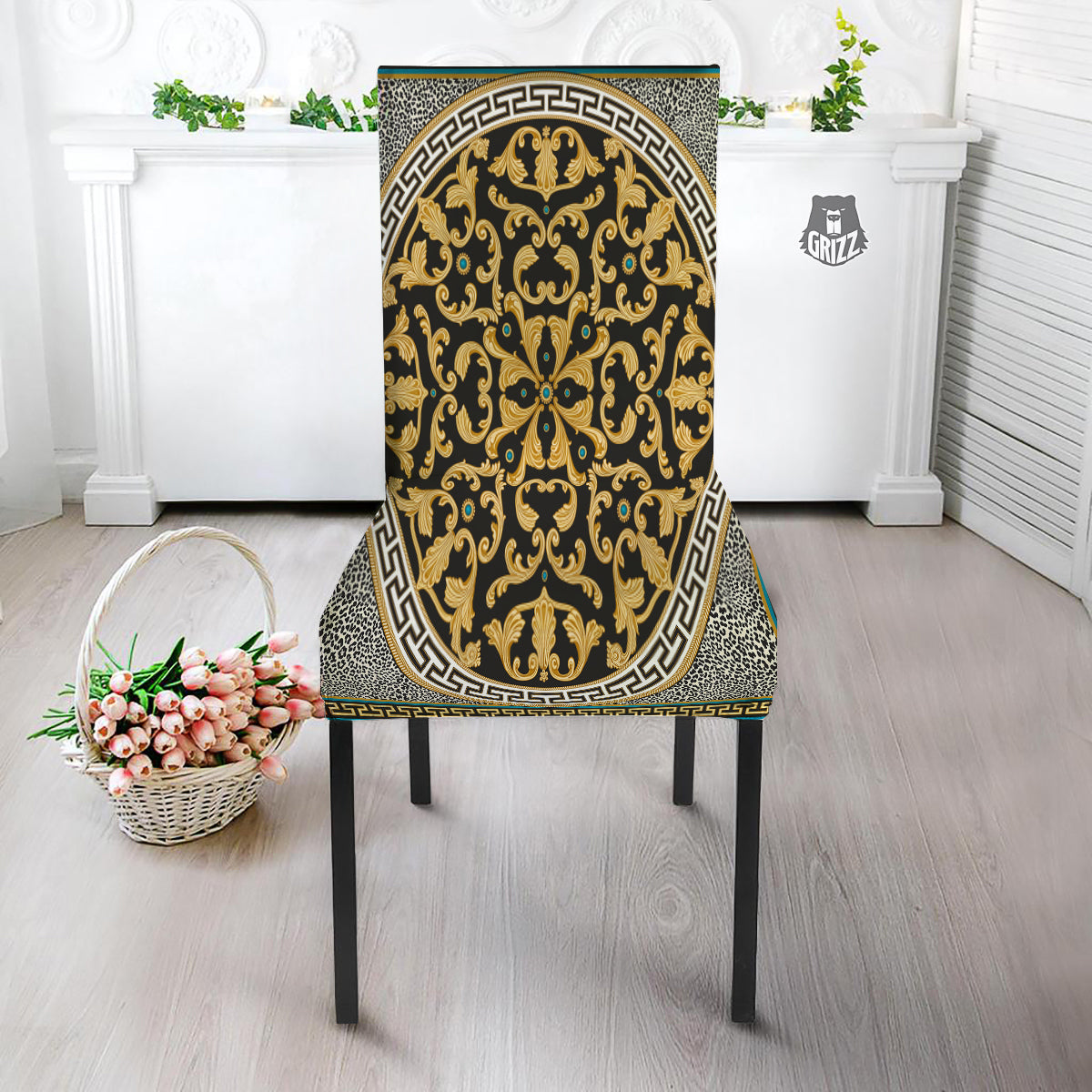 Golden Baroque Leopard Skin Print Dining Chair Slipcover-grizzshop