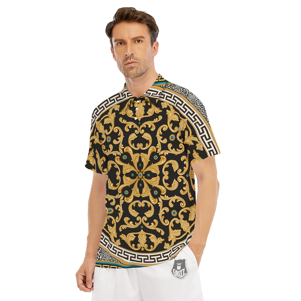 Golden Baroque Leopard Skin Print Men's Golf Shirts-grizzshop