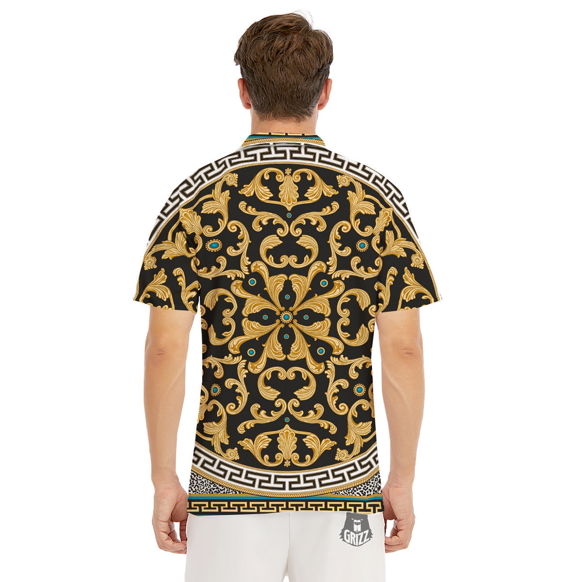 Golden Baroque Leopard Skin Print Men's Golf Shirts-grizzshop