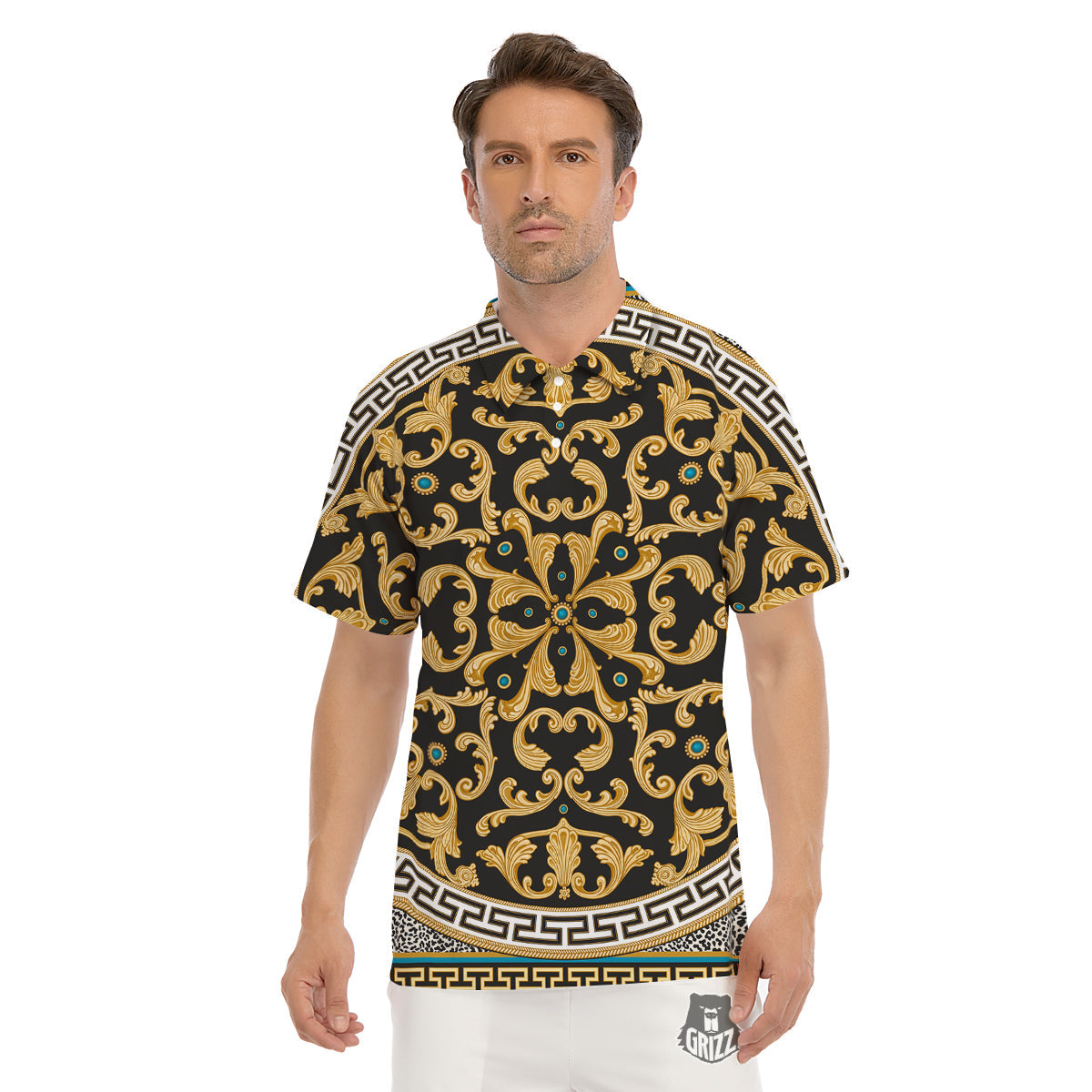 Golden Baroque Leopard Skin Print Men's Golf Shirts-grizzshop