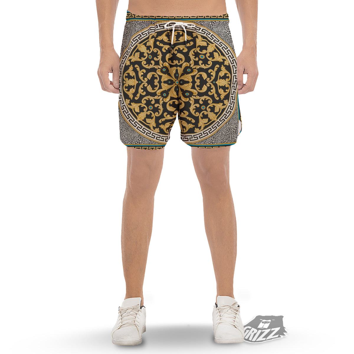 Golden Baroque Leopard Skin Print Men's Gym Shorts-grizzshop