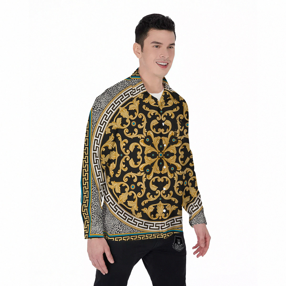 Golden Baroque Leopard Skin Print Men's Long Sleeve Shirts-grizzshop