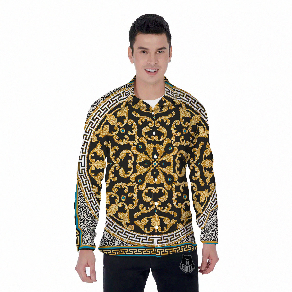 Golden Baroque Leopard Skin Print Men's Long Sleeve Shirts-grizzshop