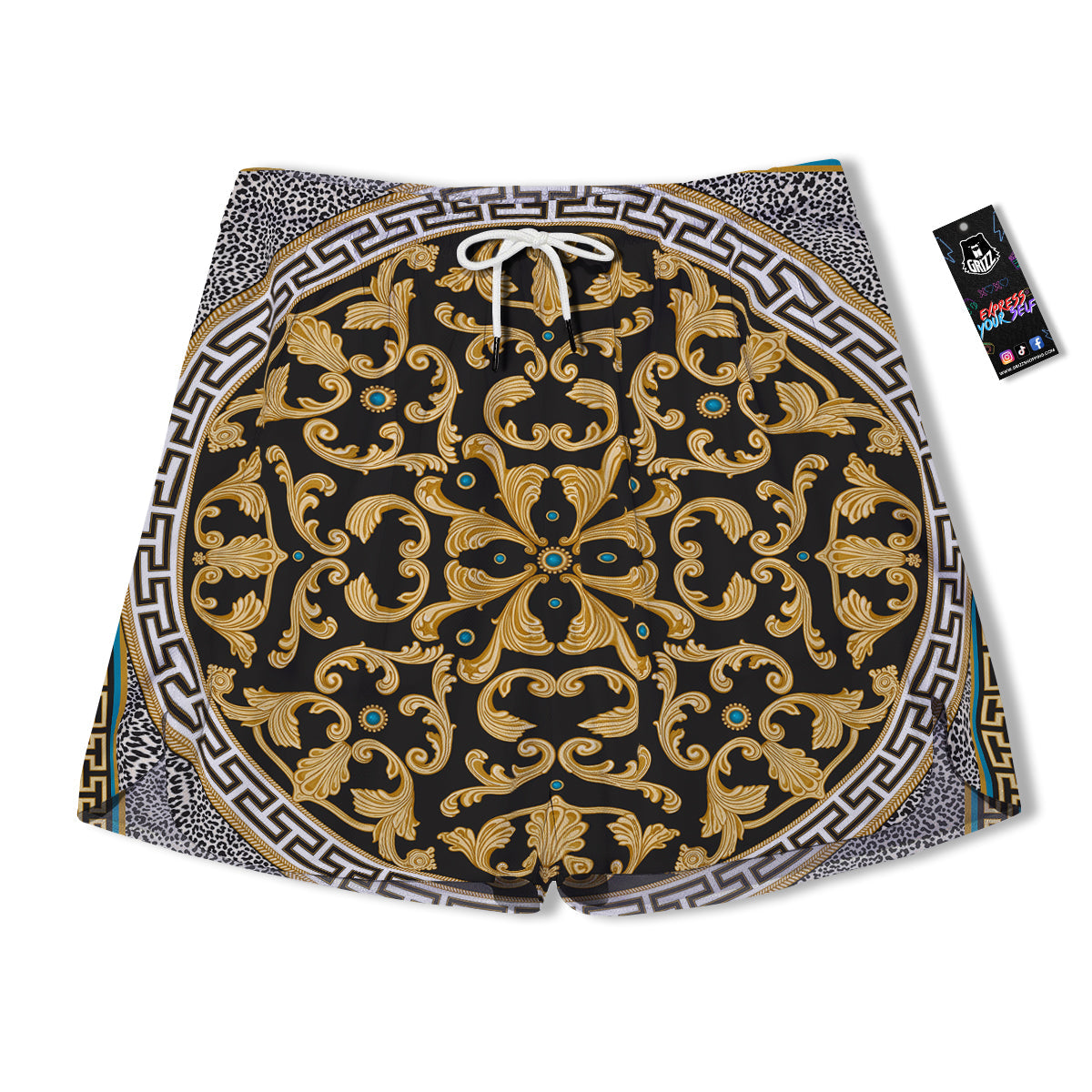 Golden Baroque Leopard Skin Print Men's Running Shorts-grizzshop