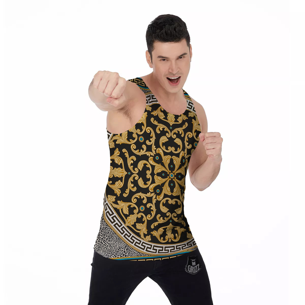 Golden Baroque Leopard Skin Print Men's Tank Top-grizzshop