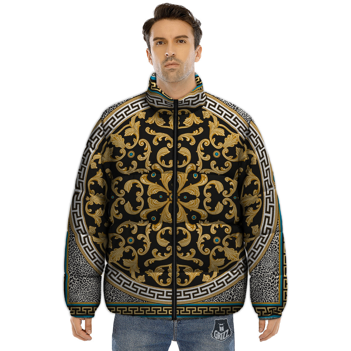 Golden Baroque Leopard Skin Print Puffer Jacket-grizzshop