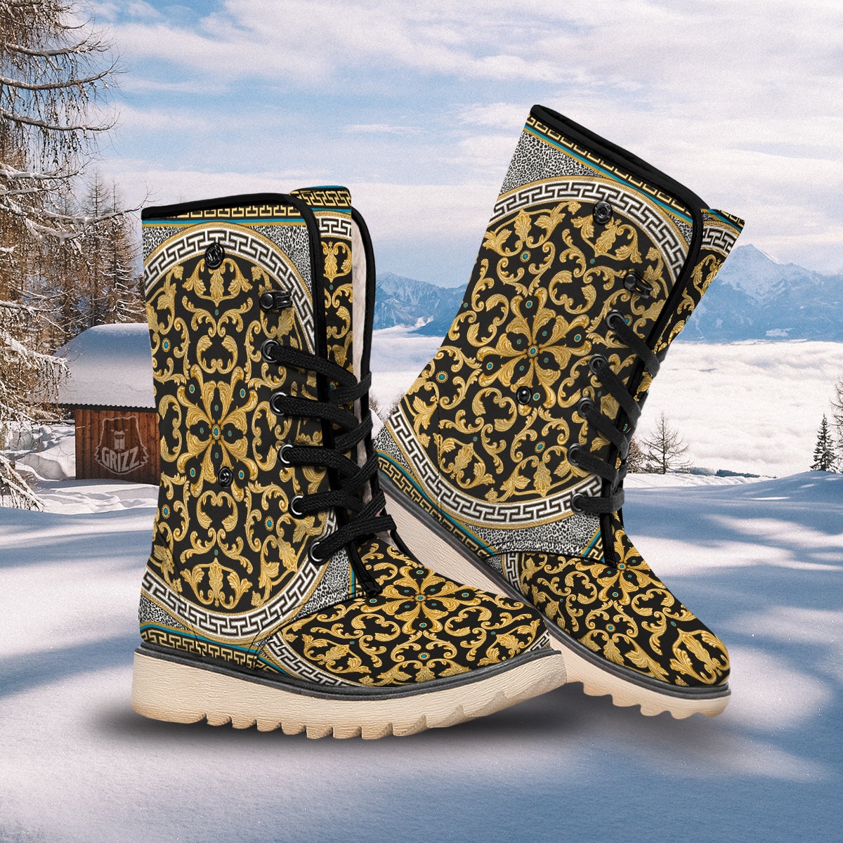Golden Baroque Leopard Skin Print Snow Boots-grizzshop