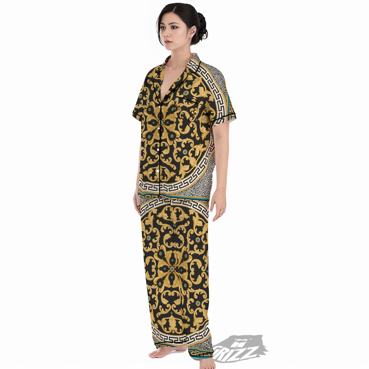 Golden Baroque Leopard Skin Print Women's Pajamas Set-grizzshop