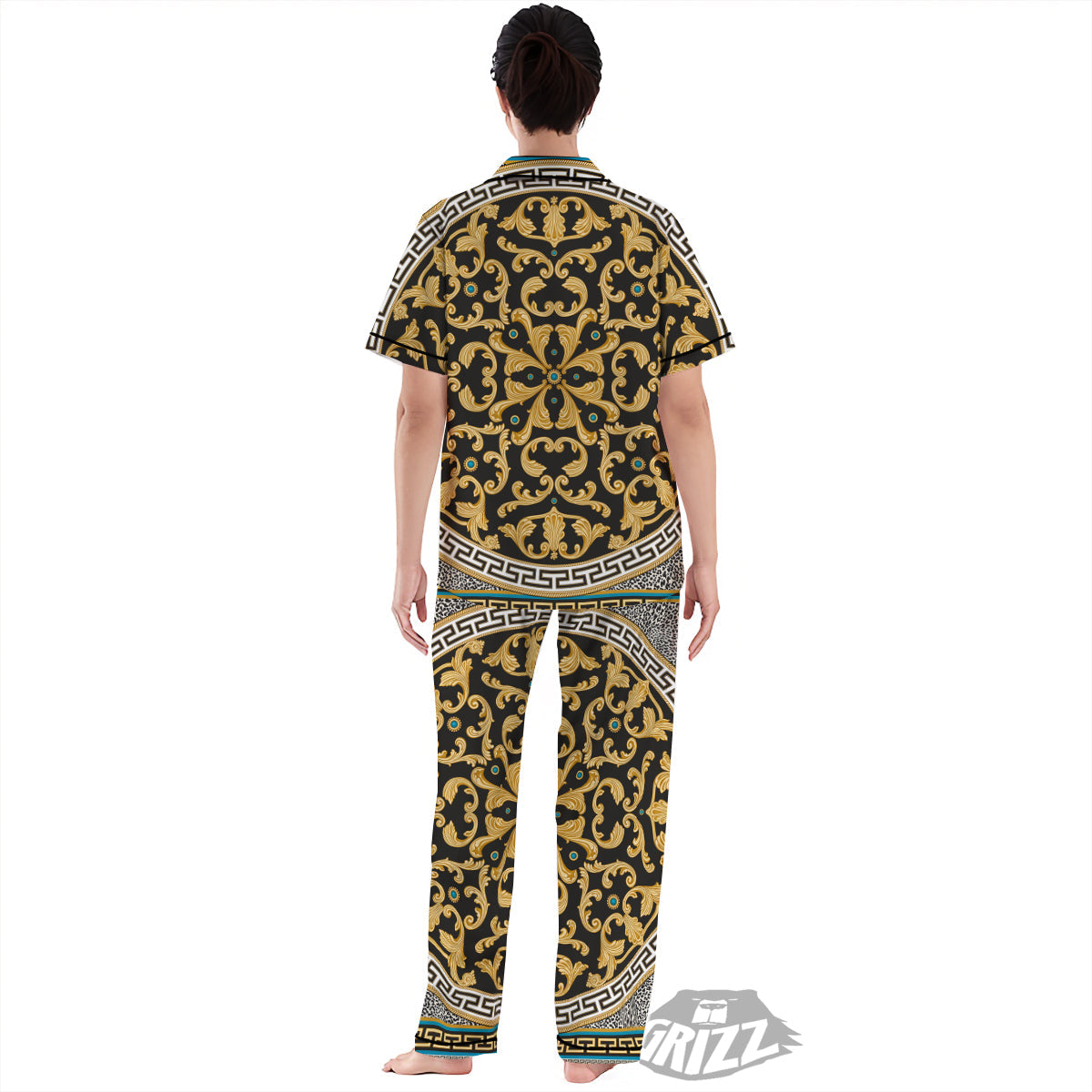 Golden Baroque Leopard Skin Print Women's Pajamas Set-grizzshop