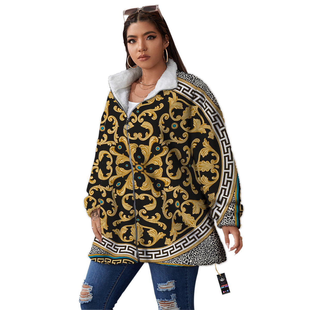 Golden Baroque Leopard Skin Print Women's Sherpa Jacket-grizzshop