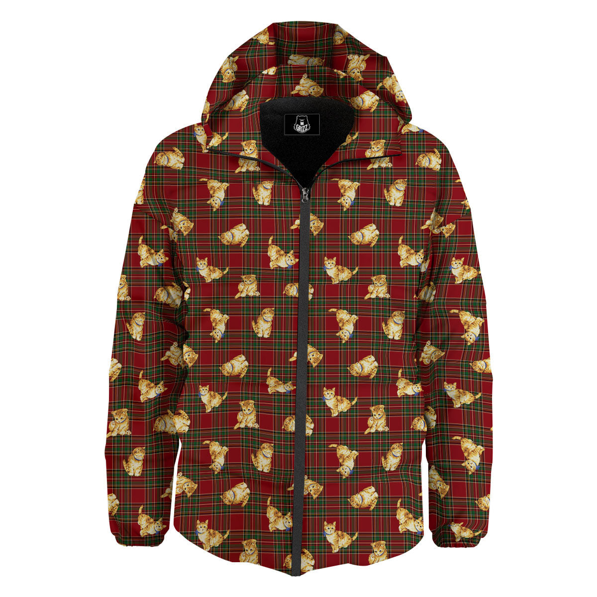 Golden Cat Tartan Print Pattern Down Jacket-grizzshop