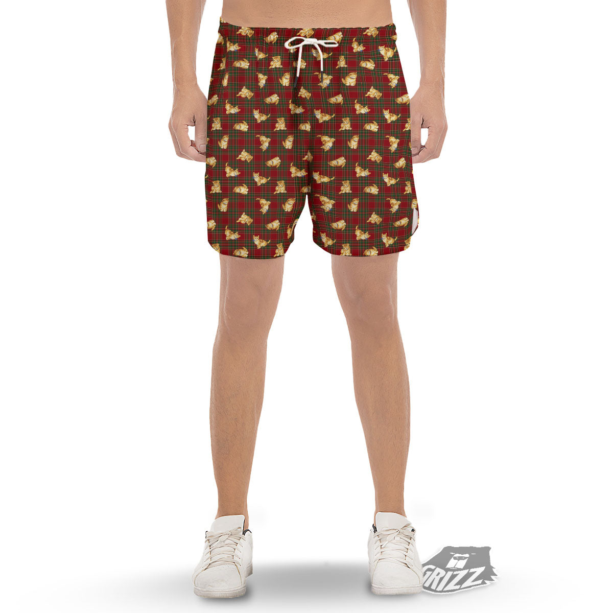Golden Cat Tartan Print Pattern Men's Gym Shorts-grizzshop