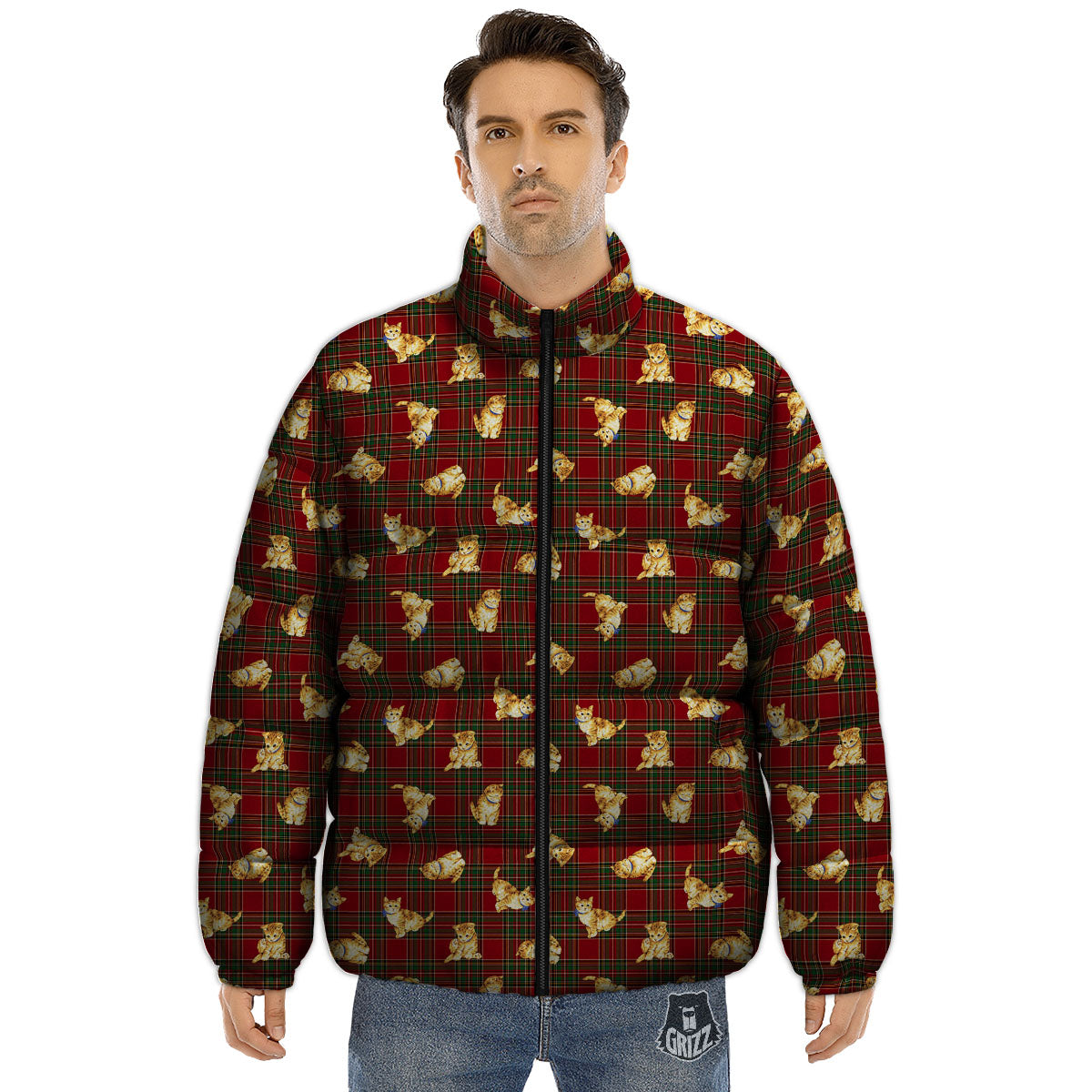 Golden Cat Tartan Print Pattern Puffer Jacket-grizzshop