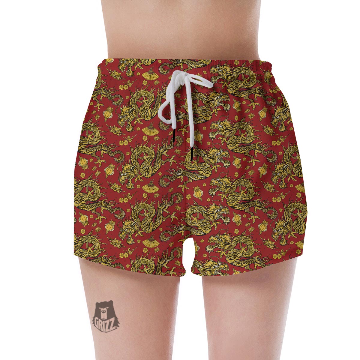 Golden Chinese Dragon Floral Print Women's Shorts-grizzshop