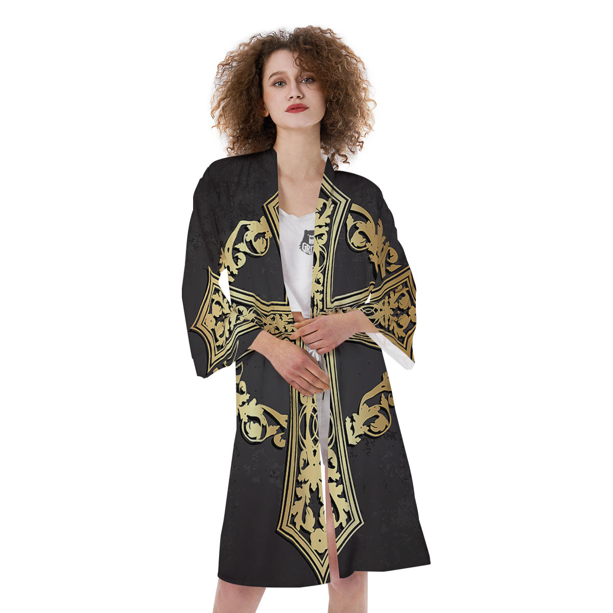 Golden Cross Ornamental Print Kimono-grizzshop