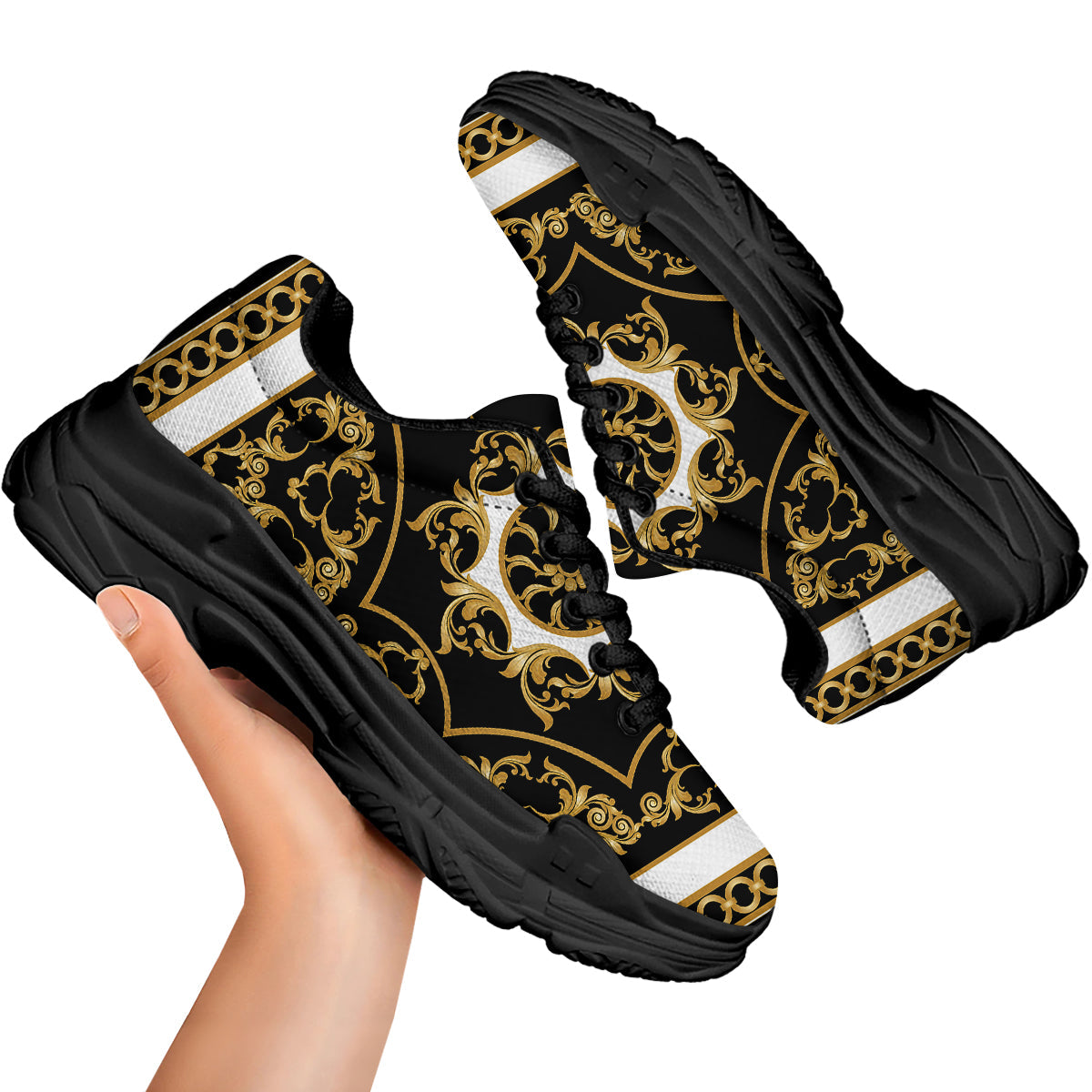 Golden Floral Baroque Black White Print Black Chunky Shoes-grizzshop