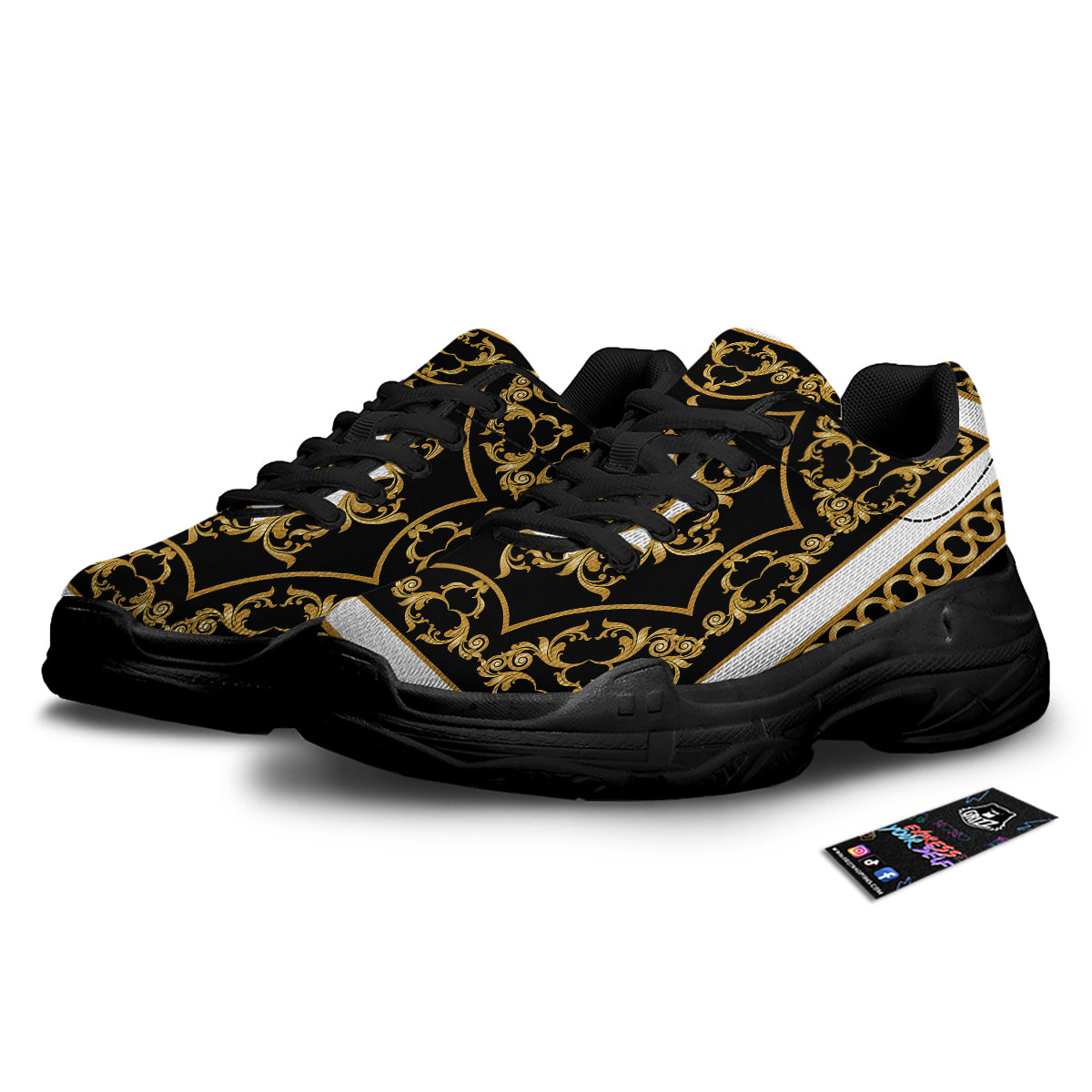 Golden Floral Baroque Black White Print Black Chunky Shoes-grizzshop