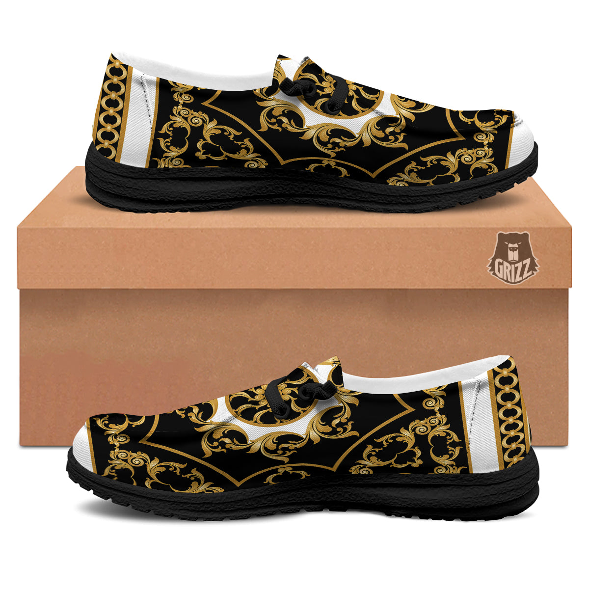 Golden Floral Baroque Black White Print Black Loafers-grizzshop