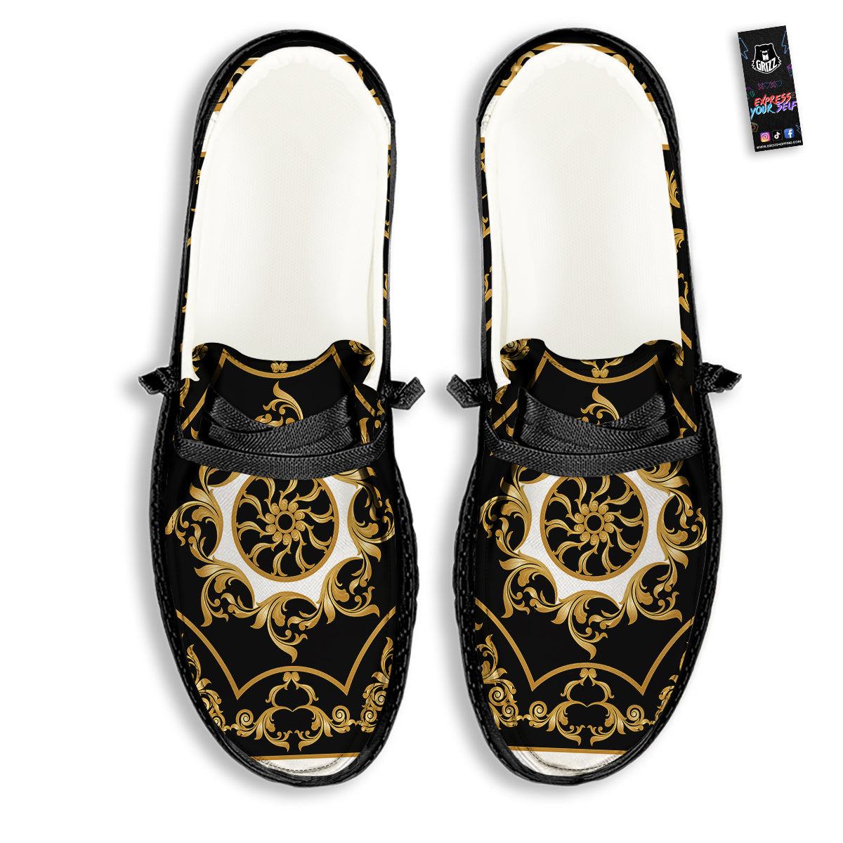 Golden Floral Baroque Black White Print Black Loafers-grizzshop