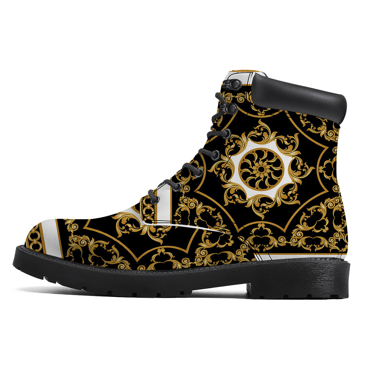 Golden Floral Baroque Black White Print Boots-grizzshop