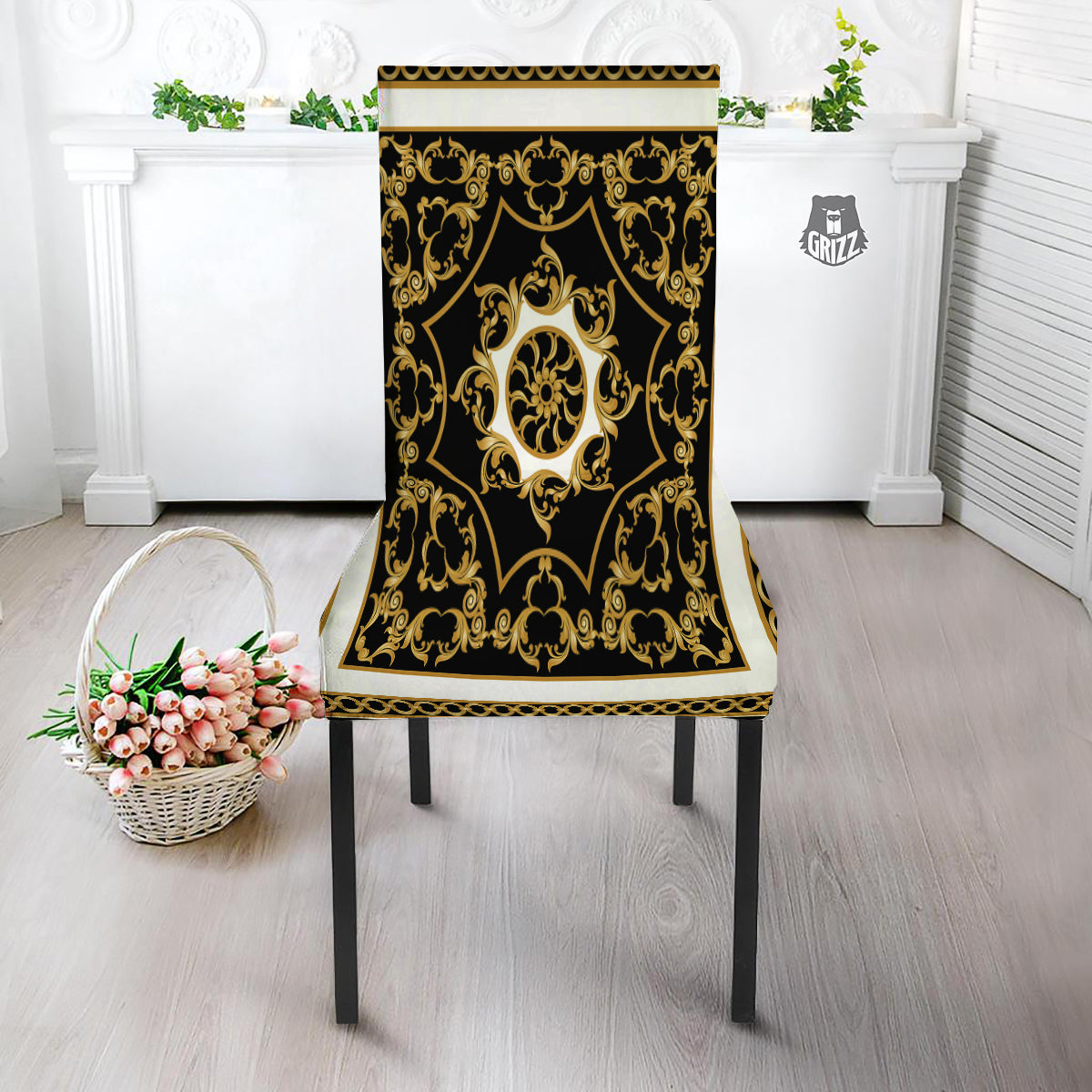 Golden Floral Baroque Black White Print Dining Chair Slipcover-grizzshop