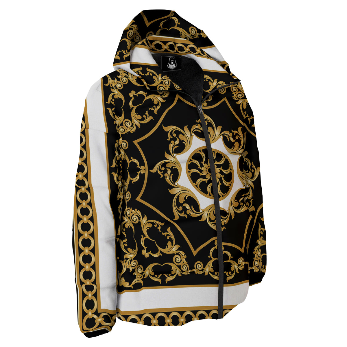 Golden Floral Baroque Black White Print Down Jacket-grizzshop