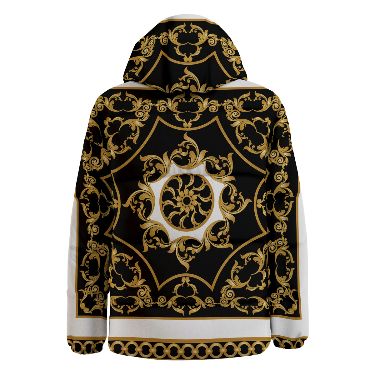 Golden Floral Baroque Black White Print Down Jacket-grizzshop
