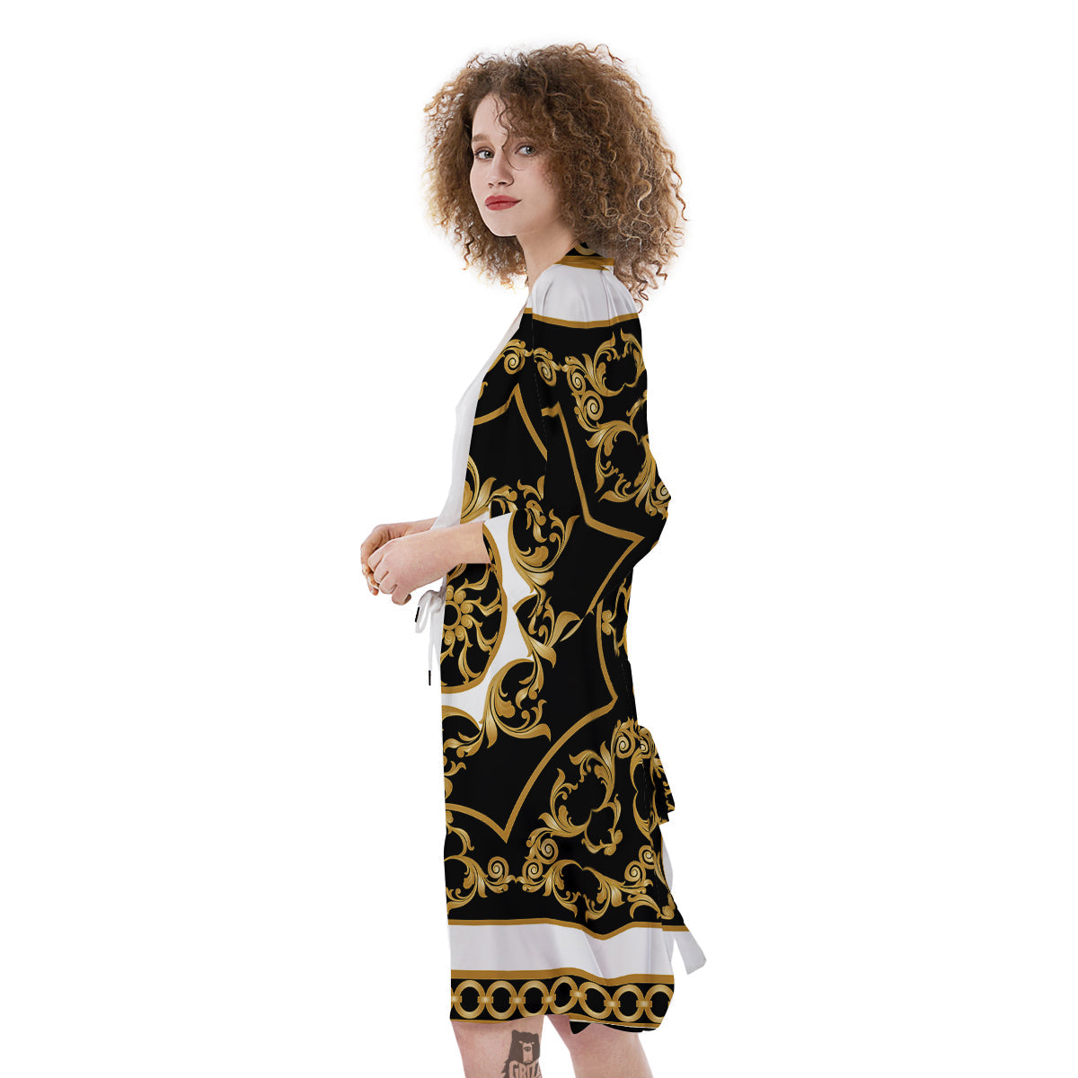 Golden Floral Baroque Black White Print Kimono-grizzshop