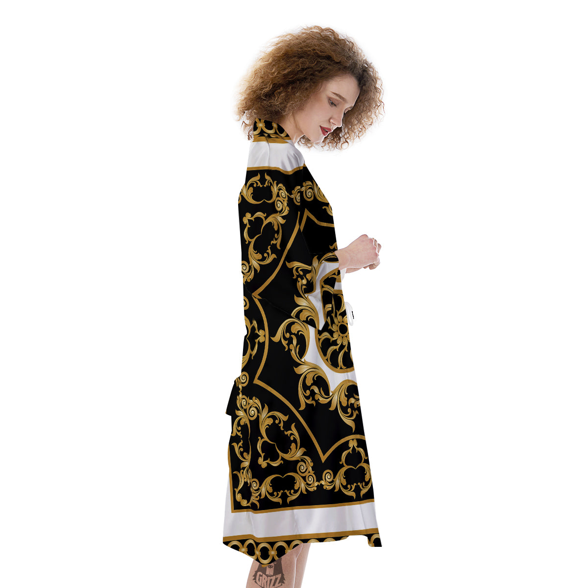Golden Floral Baroque Black White Print Kimono-grizzshop