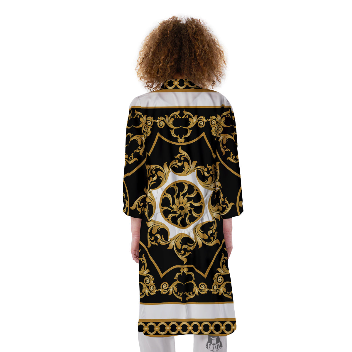 Golden Floral Baroque Black White Print Kimono-grizzshop