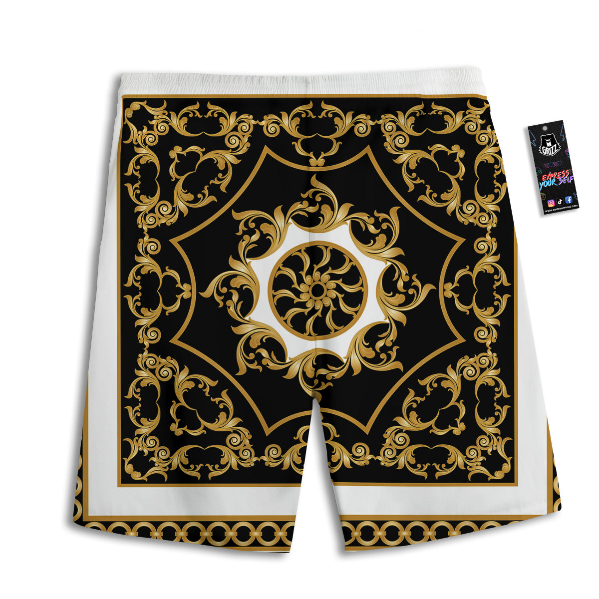 Golden Floral Baroque Black White Print Men's Athletic Shorts