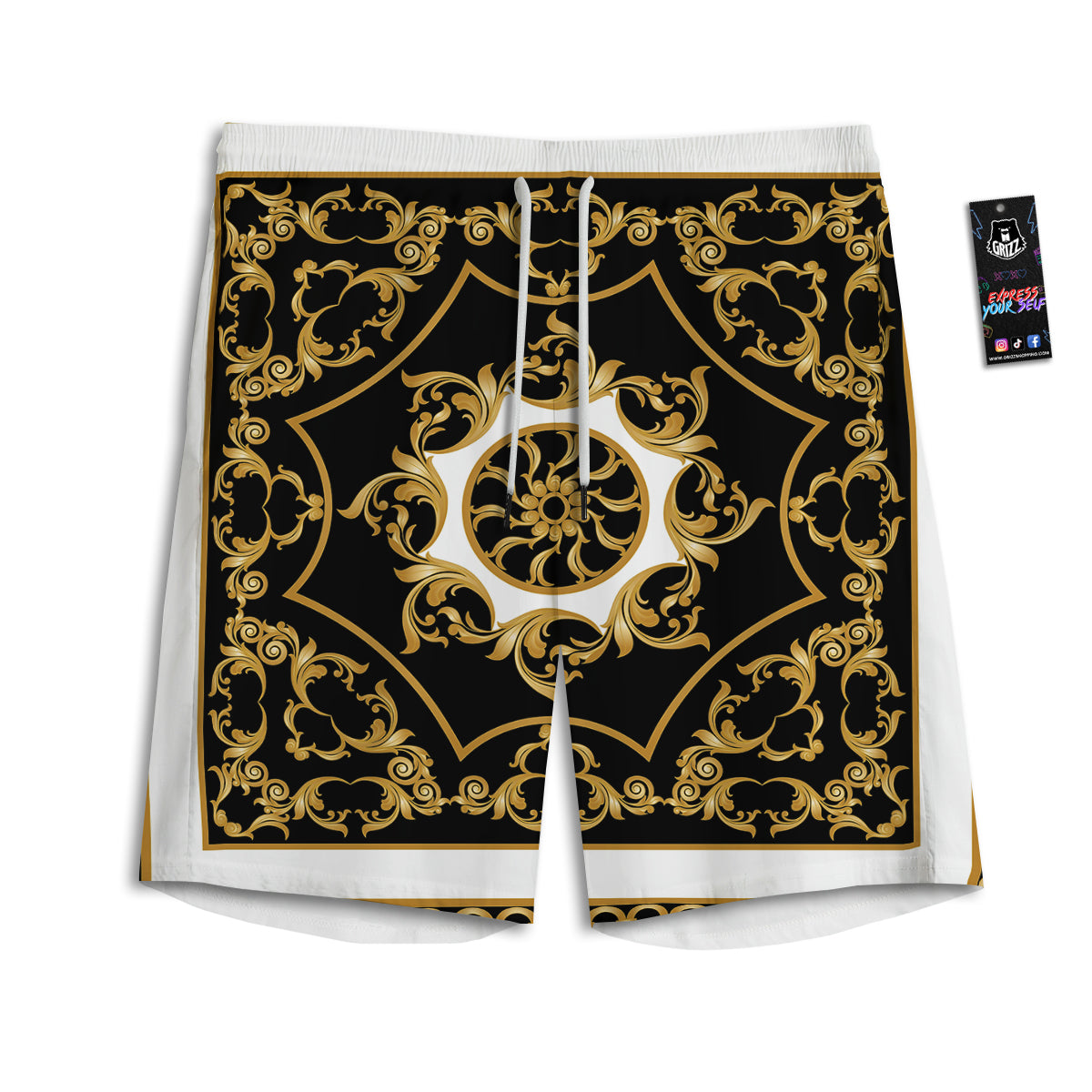 Golden Floral Baroque Black White Print Men's Athletic Shorts