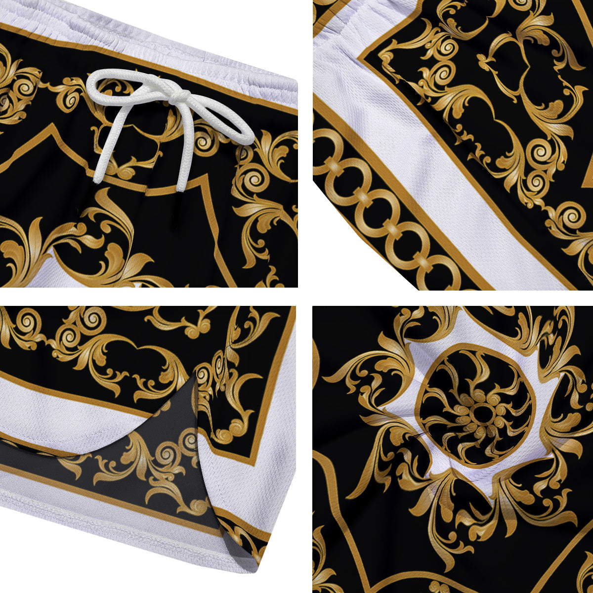 Golden Floral Baroque Black White Print Men's Running Shorts-grizzshop