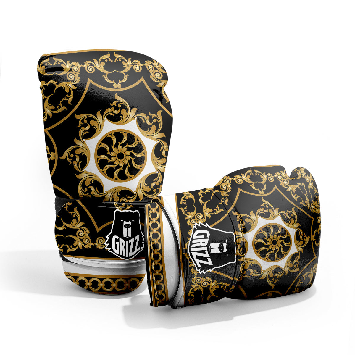 Golden Floral Baroque Black White Print Pro Boxing Glove